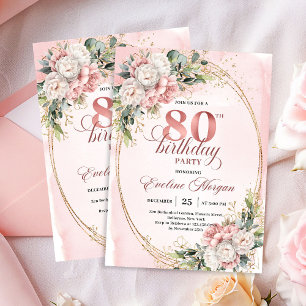 Chic Dusty Pink Flowers Eucalyptus 80th Birthday Invitation