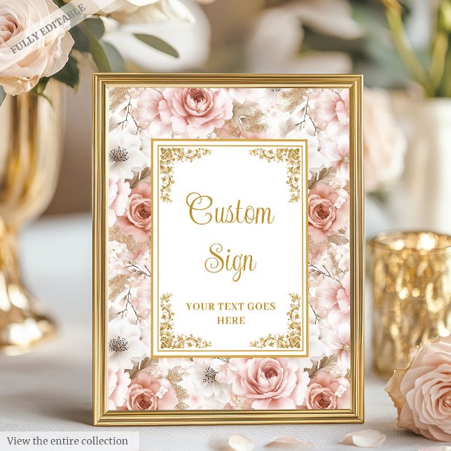 Chic Dusty Pink Flowers Gold Wedding Tabletop Sign (Elegant dusty pink flowers gold custom sign)