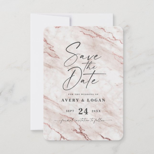 Chic Dusty Pink Marble with Rose Gold Foil Details Save The Date (Front)