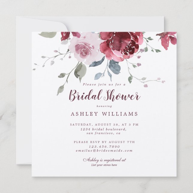 Chic Dusty Pink Rose Burgundy Bridal Shower Invita Invitation (Front)