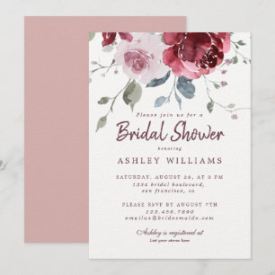 Chic Dusty Pink Rose Burgundy Bridal Shower Invitation