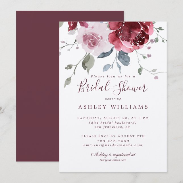 Chic Dusty Pink Rose Burgundy Bridal Shower Invitation (Front/Back)