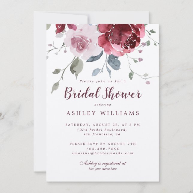 Chic Dusty Pink Rose Burgundy Bridal Shower Invitation (Front)