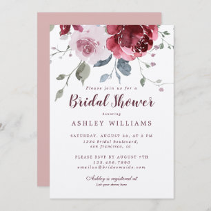 Chic Dusty Pink Rose Burgundy Bridal Shower Invitation