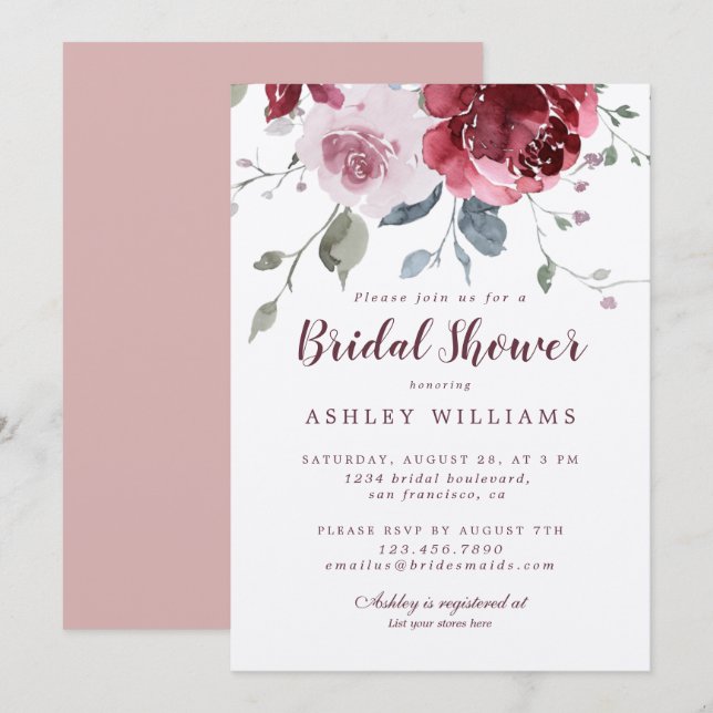 Chic Dusty Pink Rose Burgundy Bridal Shower Invitation (Front/Back)