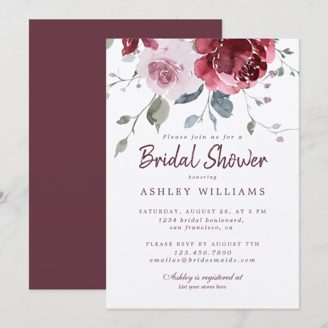 Chic Dusty Pink Rose Burgundy Bridal Shower Invitation (Front/Back)