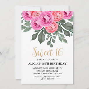 Chic Dusty Pink Rose Greenery Sweet 16 Birthday Invitation