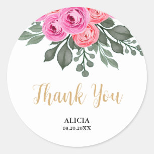 Chic Dusty Pink Rose Greenery Thank You Classic Round Sticker