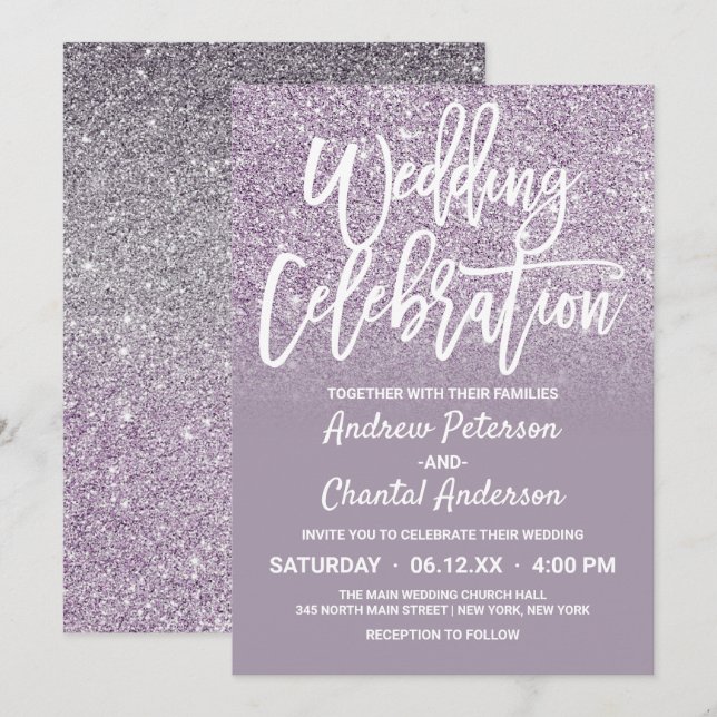 Chic Dusty Purple Grey Faux Glitter Ombre Wedding Invitation (Front/Back)
