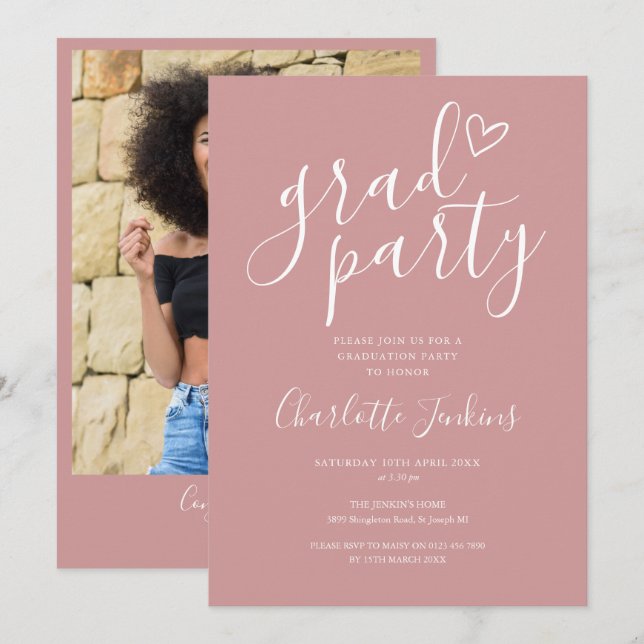 Chic Dusty Rose Grad Party Photo Graduation Party Invitation (Front/Back)