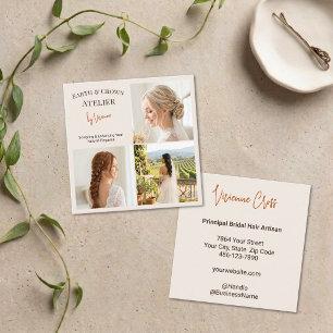 Chic Earthy Cream Bridal Hair Artist 3 Photo Square Business Card
