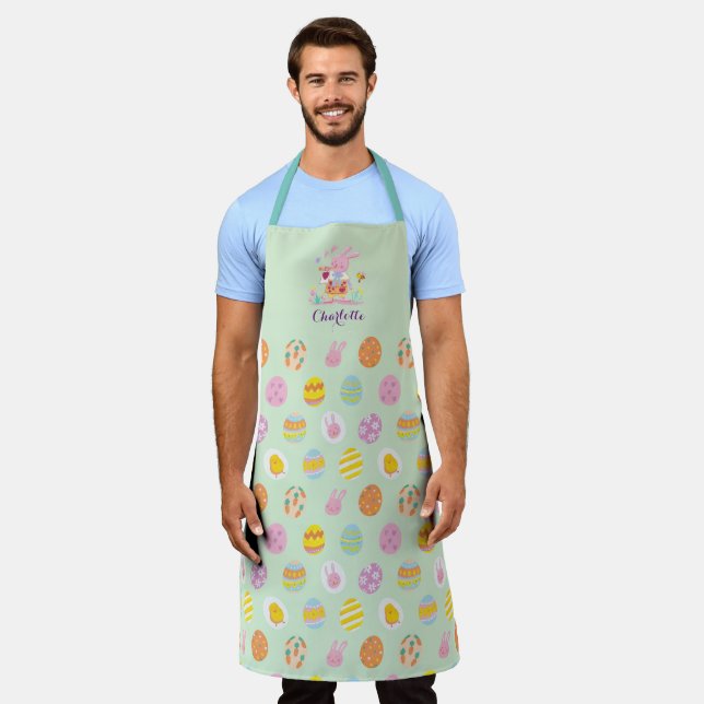 Chic Easter Pink Bunny Garden Egg Pattern Green Apron (Worn)