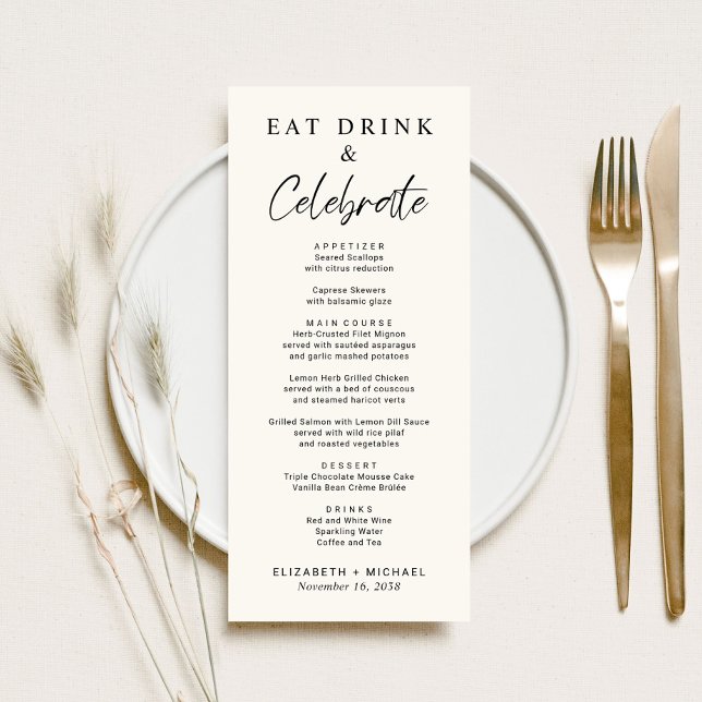 Chic Eat Drink Celebrate Cream Wedding Menu (Creator Uploaded)