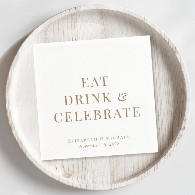 Chic Eat Drink Celebrate Gold White Wedding Napkin (Creator Uploaded)