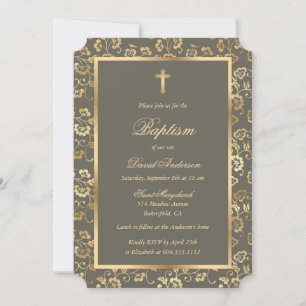 Chic Ebony Gold Cross Script Floral Baptism Invitation