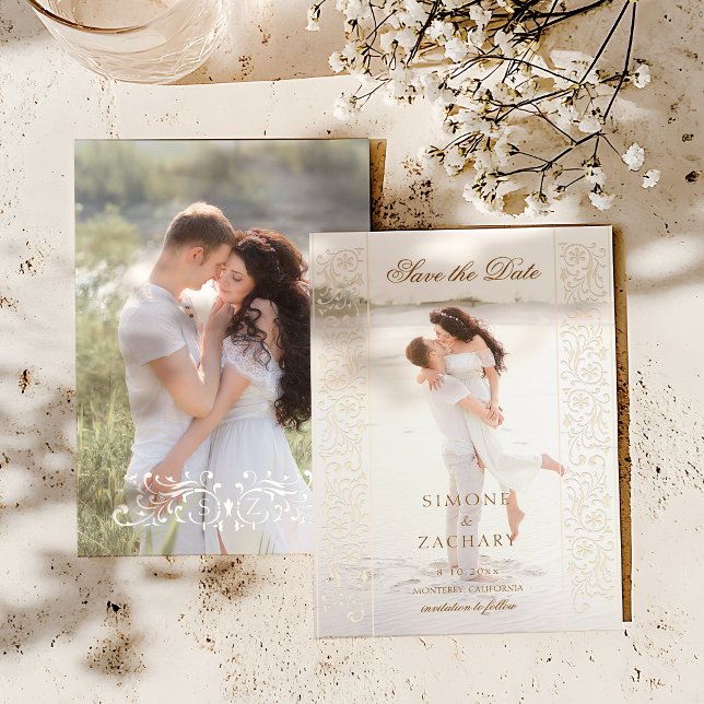 Chic Ecru Scrollwork Photo Wedding Save the Date (Creator Uploaded)