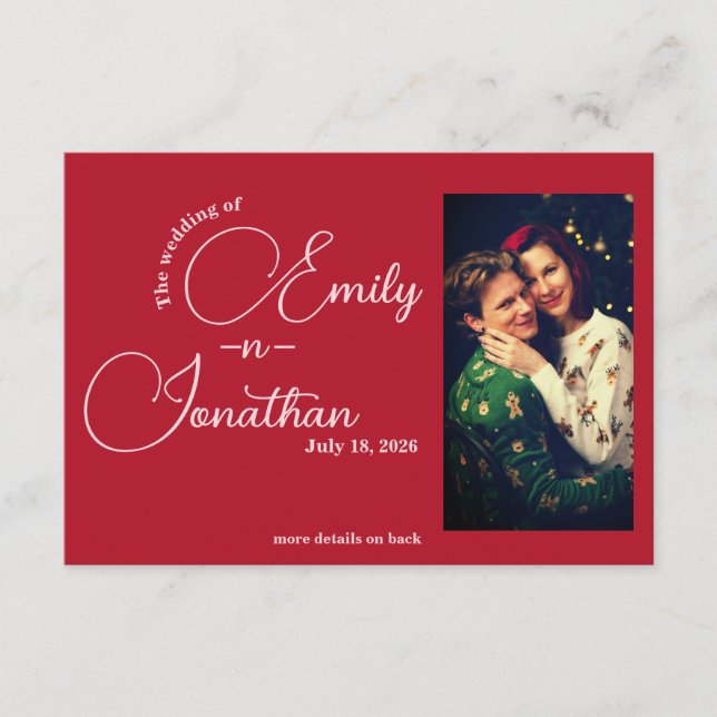 Chic Editorial Deep Red One Photo QR Code Wedding Enclosure Card (Front)