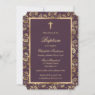 Chic Eggplant and Gold Cross Script Floral Baptism Invitation