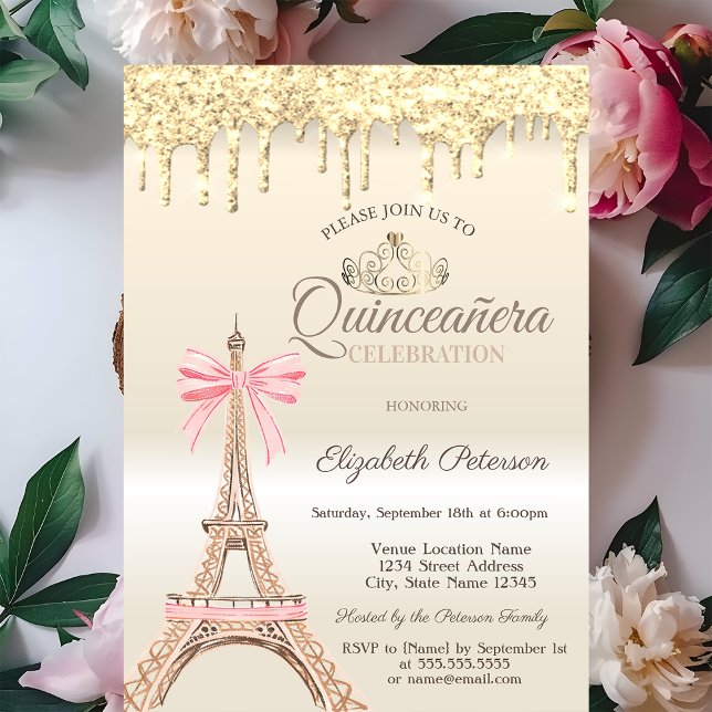 Chic Eiffel Tower Bow Drips Gold Quinceañera  Invitation (Creator Uploaded)