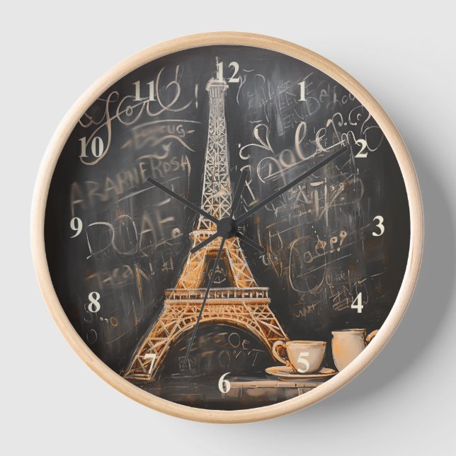 Chic Eiffel Tower Cafe Coffee Chalkboard Paris Clock (Front)