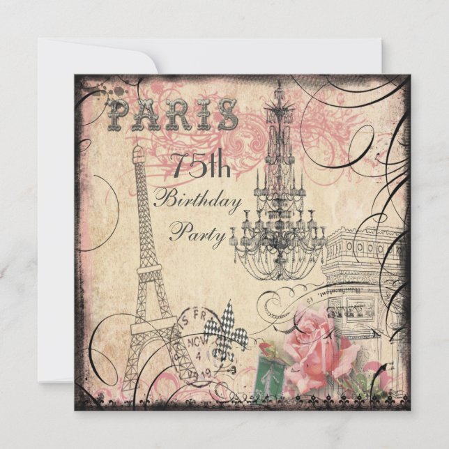 Chic Eiffel Tower & Chandelier 75th Birthday Invitation (Front)