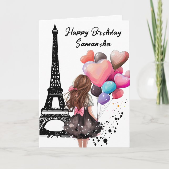 Chic Eiffel Tower, Girl, Heart Balloons Birthday Card (Front)