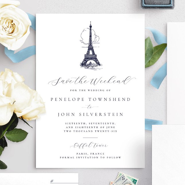 Chic Eiffel Tower Paris Save the Weekend Wedding  Date (French Eiffel Tower vintage illustration Save the Weekend card)