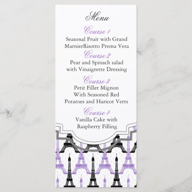 Chic Eiffel tower Purple Personalised Menu cards (Front)