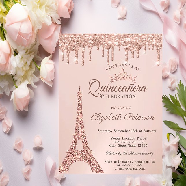 Chic Eiffel Tower,Rose Gold Drips Quinceañera  Invitation (Creator Uploaded)