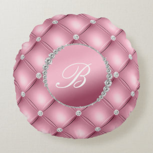 Chic Elegance Pink and Diamonds Monogrammed Round Cushion