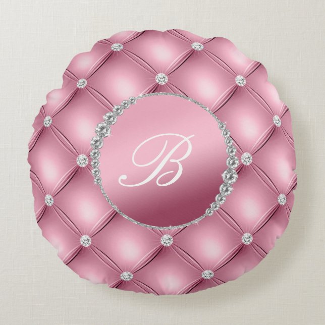 Chic Elegance Pink and Diamonds Monogrammed Round Cushion (Front)