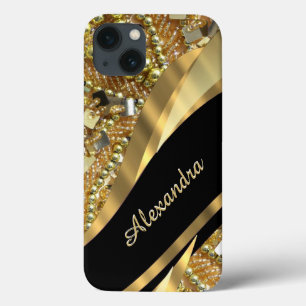 Chic elegant black and gold bling personalised iPhone 13 case