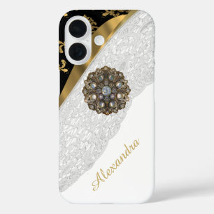 Chic elegant black and gold bling white lace iPhone 16 case
