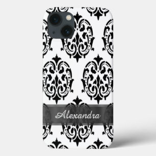 Chic elegant black and white personalised damask iPhone 13 case
