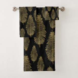 Chic Elegant Black Gold Floral Fern Leaf Pattern Bath Towel Set