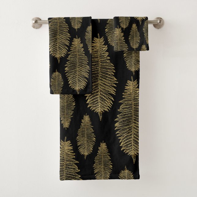 Chic Elegant Black Gold Floral Fern Leaf Pattern Bath Towel Set (Insitu)