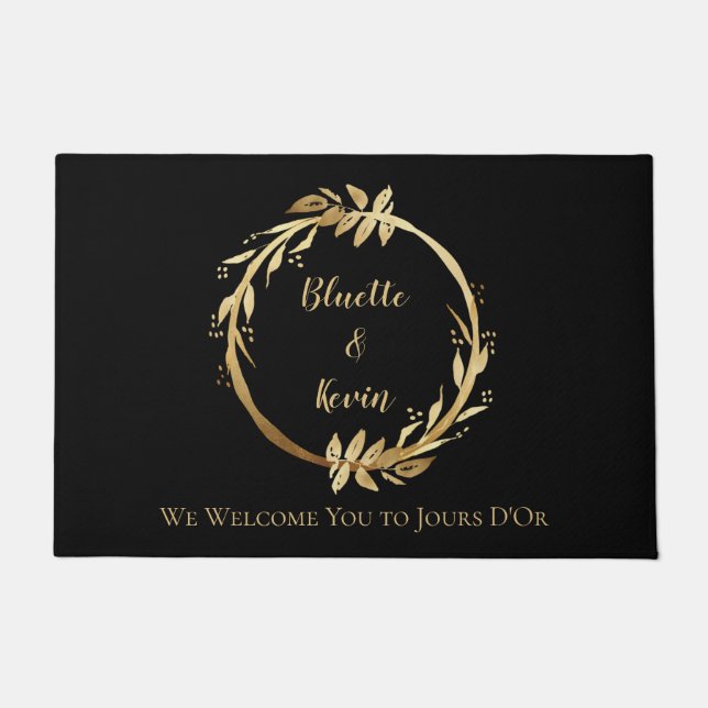 Chic Elegant Black Gold Foliage Wreath Monogram Doormat (Front)