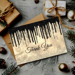 Chic elegant black gold glitter drips thank you card