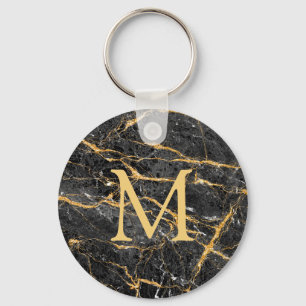Chic Elegant Black Gold Marble Monogram   Key Ring