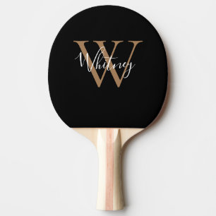 Chic Elegant Black Gold Monogram Script Name  Ping Pong Paddle