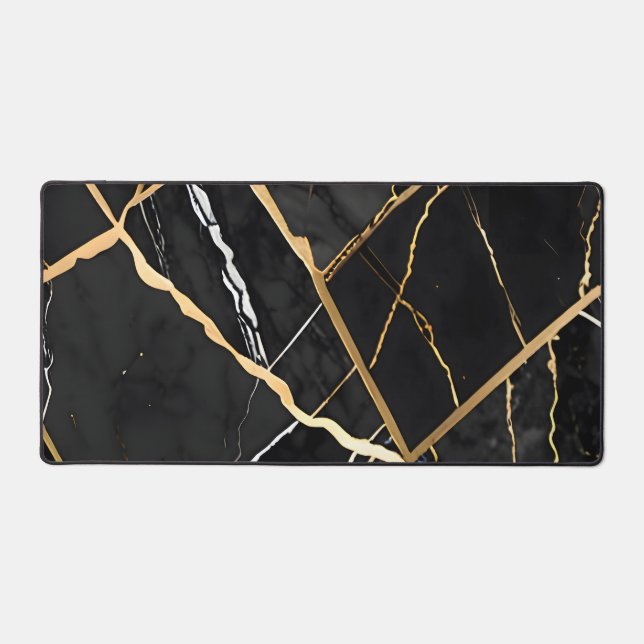 Chic Elegant black golden yellow Faux Marble  Desk Mat (Front)