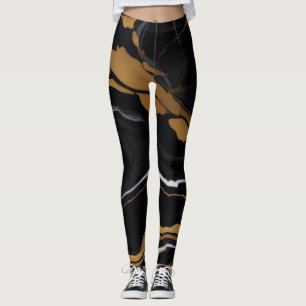 Chic Elegant black golden yellow Faux Marble  Leggings
