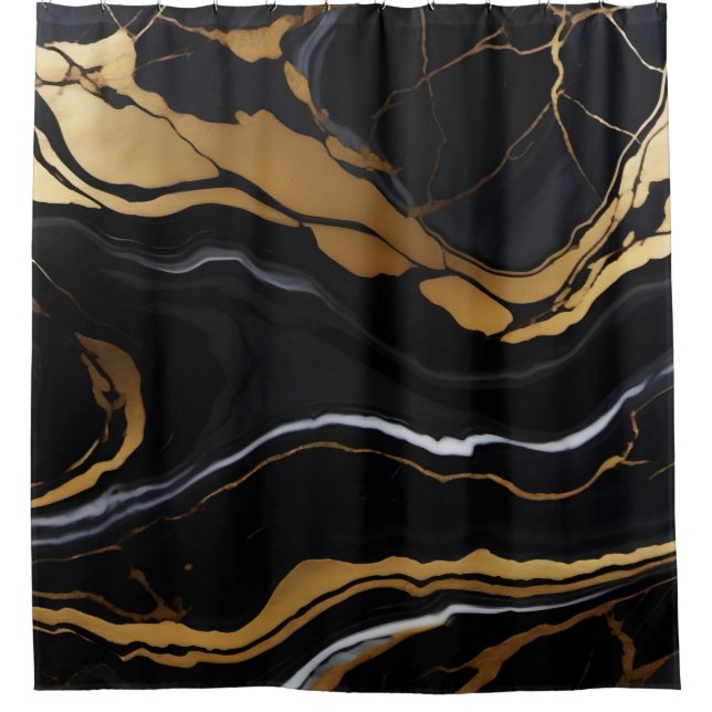 Chic Elegant black golden yellow Faux Marble  Shower Curtain (Front)