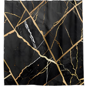 Chic Elegant black golden yellow Faux Marble  Shower Curtain