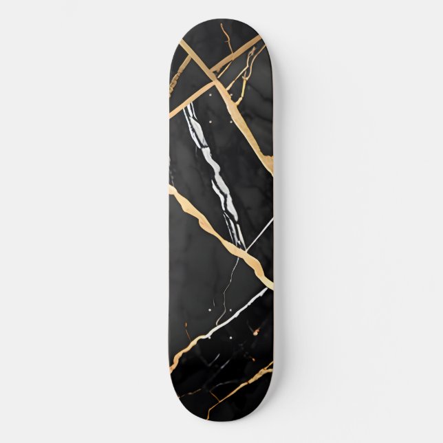 Chic Elegant black golden yellow Faux Marble  Skateboard (Front)