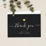 Chic Elegant Black Modern Script Gold Heart Thank You Card<br><div class="desc">This modern chic gold heart thank you note features hand-lettered script calligraphy alongside your names in elegant serif typography. This is the black version.</div>