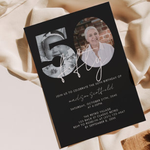 Chic Elegant Black Photo Script 50th Birthday Invitation