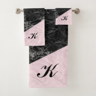 Chic Elegant Black Pink Marble Monogrammed Bath Towel Set