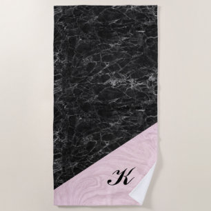 Chic Elegant Black Pink Marble Monogrammed Beach T Beach Towel