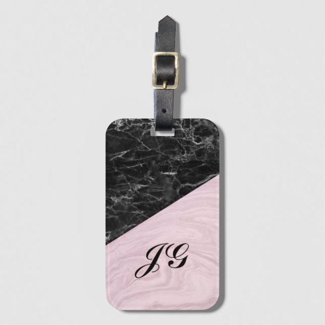 Chic Elegant Black Pink Marble Monogrammed  Luggage Tag (Front Vertical)